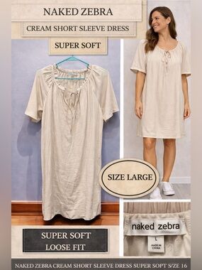 Naked Zebra Cream Short Sleeve Dress SUPER SOFT size LARGE loose fit
